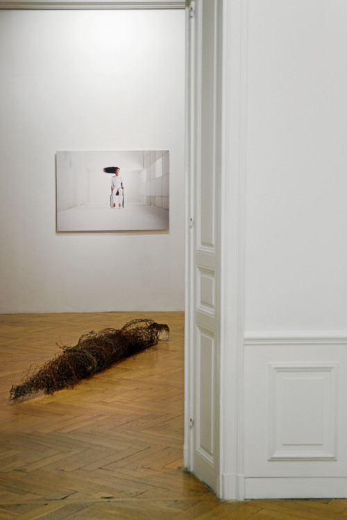 (Au sol) Feng Li, Sans titre, 2012, grillage, pelle, tube en métal - (Au mur) Asmaa Betit, Gravité zéro, 2011, photographie couleur, tirage sur papier contrecollé sur Dibond - Agrandir l'image, .JPG 15.4Mo (fenêtre modale)